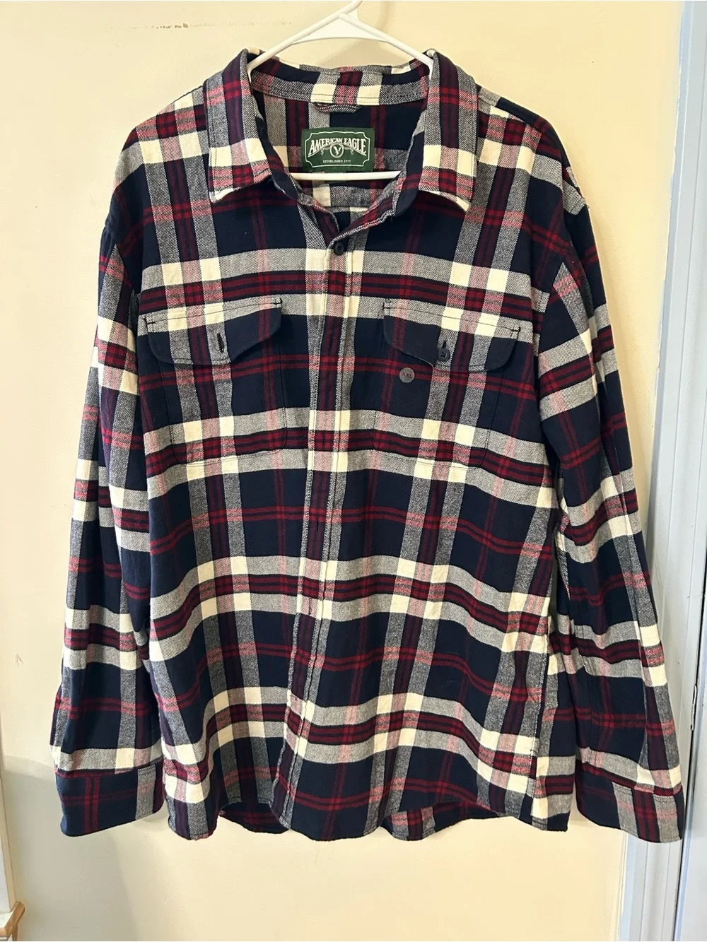 American Eagle Navy Red Cream Plaid Button-Up Shirt